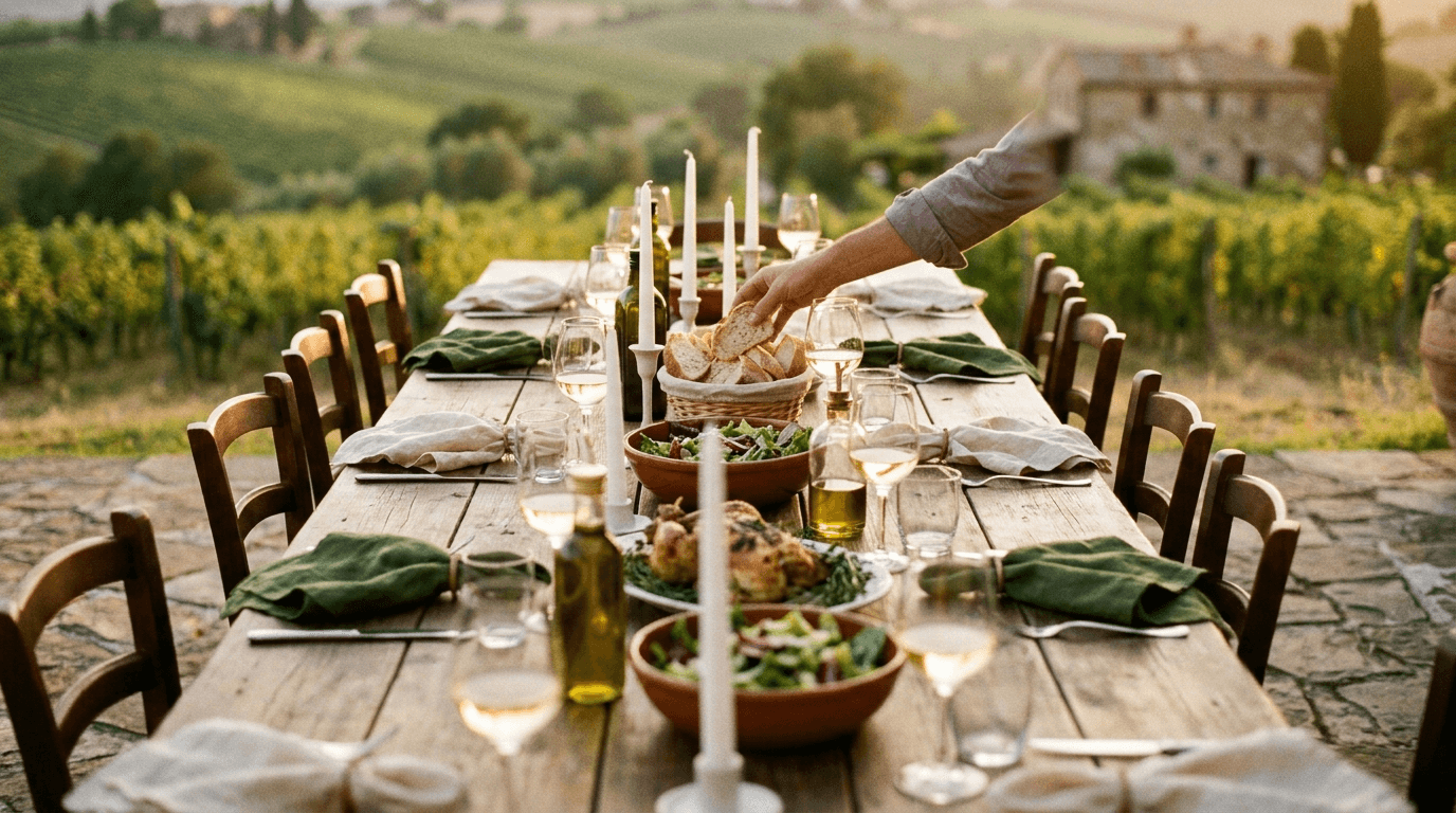 A long table set for twelve in a vineyard at golden hour.