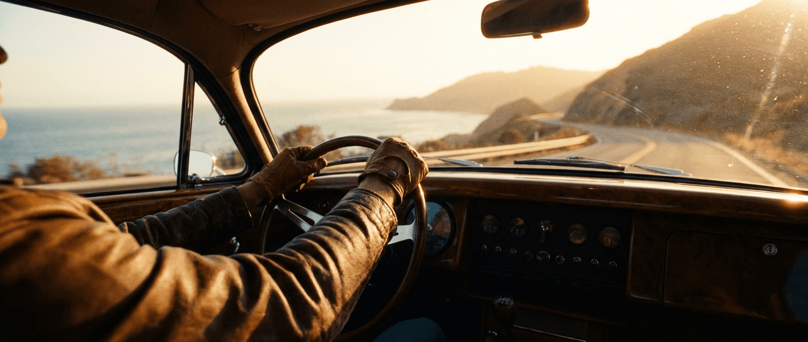 A vintage car's POV from the passenger seat at golden hour.