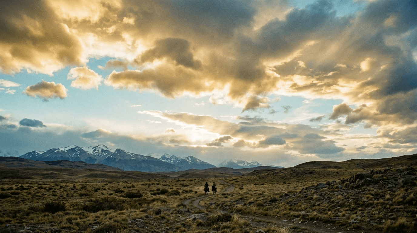 Two tiny horseback riders against the Patagonian dawn sky.