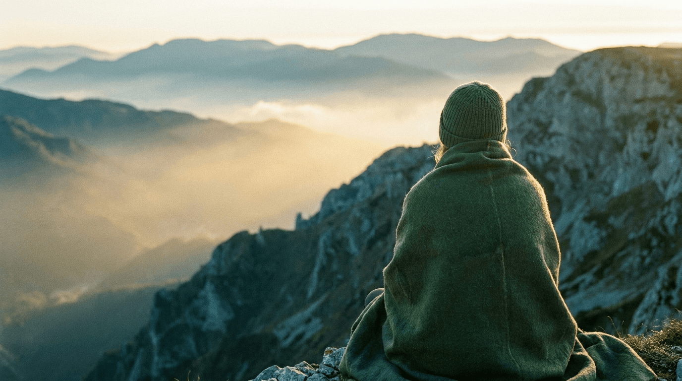 A figure on a mountain ridge at dawn.