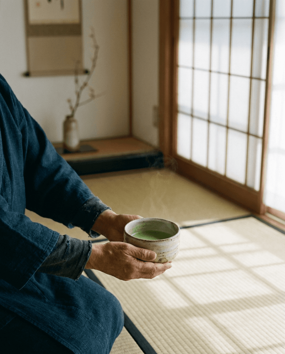 A tea master's hands offering a matcha bowl forward in a quiet machiya.